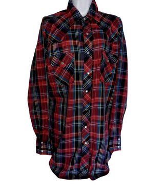 Outlaw Western Urban Cowboy Americana Grunge Shirt Snap Pearl Red/Blue Men LT